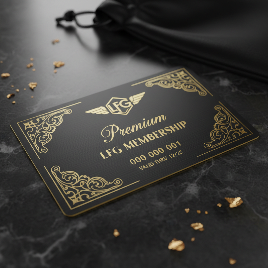 square photo, a gold and black card that says Premium LFG Membership