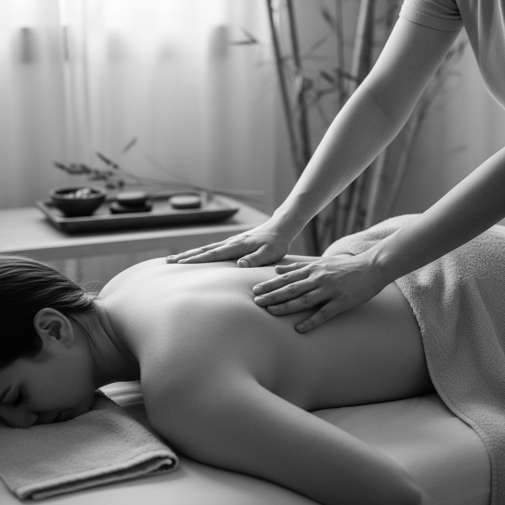 relaxing massage therapy, black and white, crop photo into a square