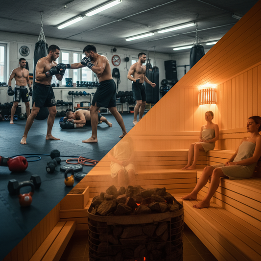 Train and Relax, a square photo diagonally cut with one side mma training and the other sauna